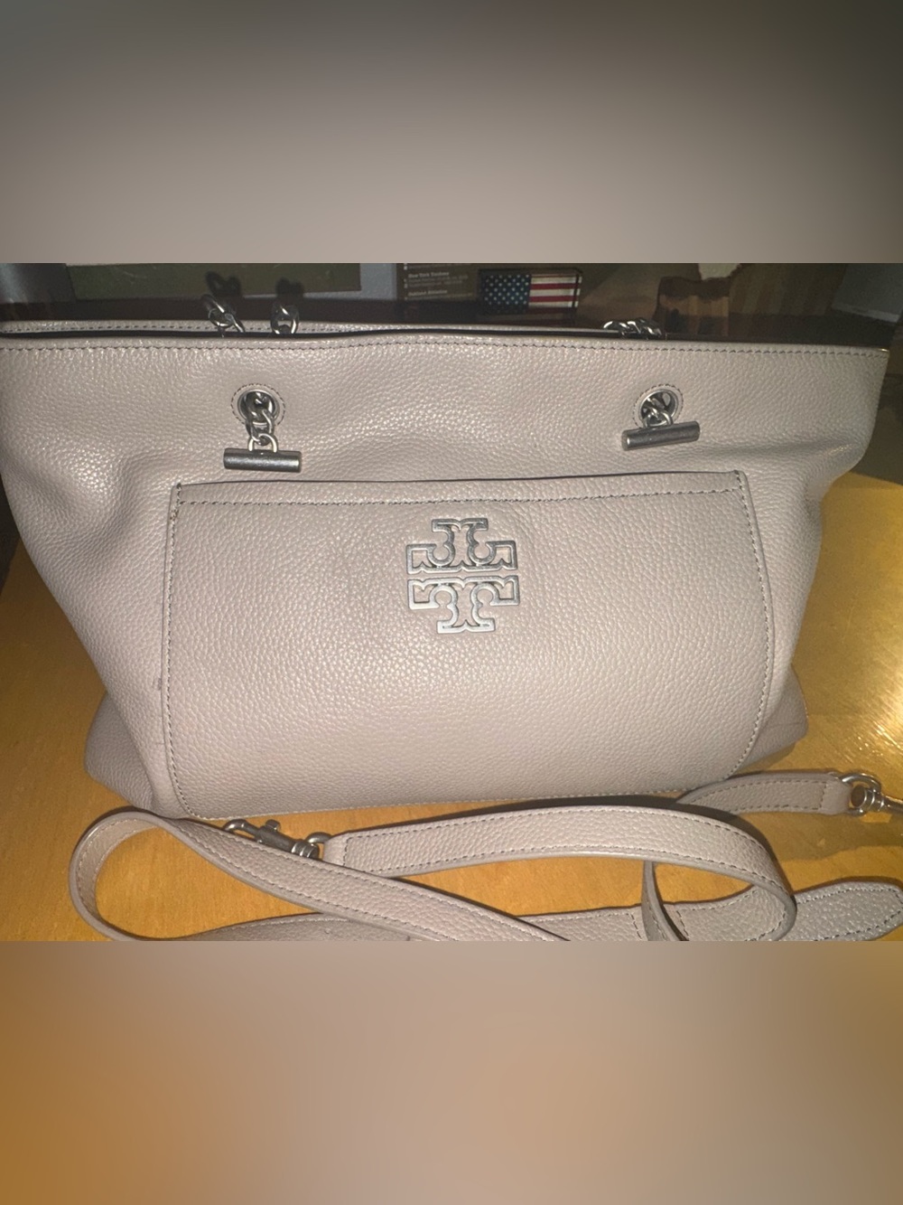 Tory Burch Britten satchel in French gray leather with silver-tone hardware.